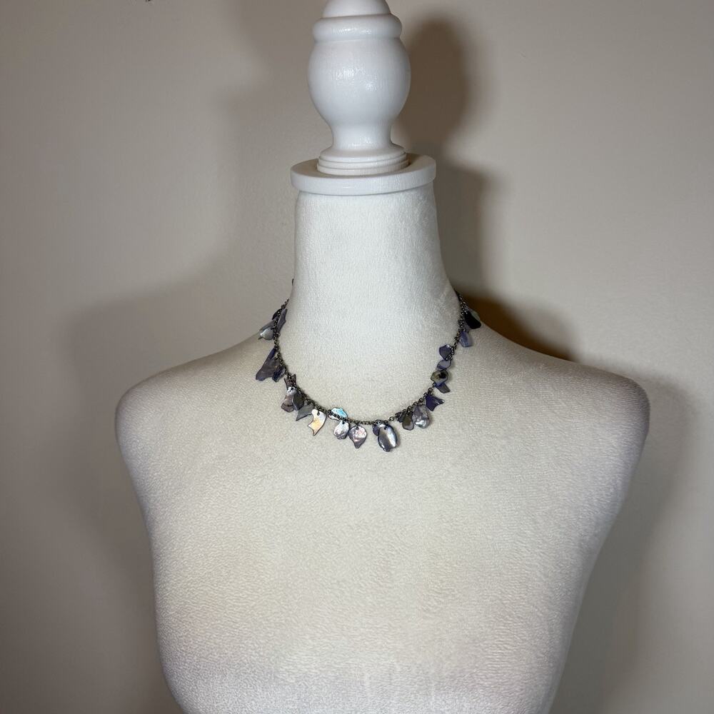 Iridescent Lavender Mother of Pearl Chip and Shell Charm Necklace Unique